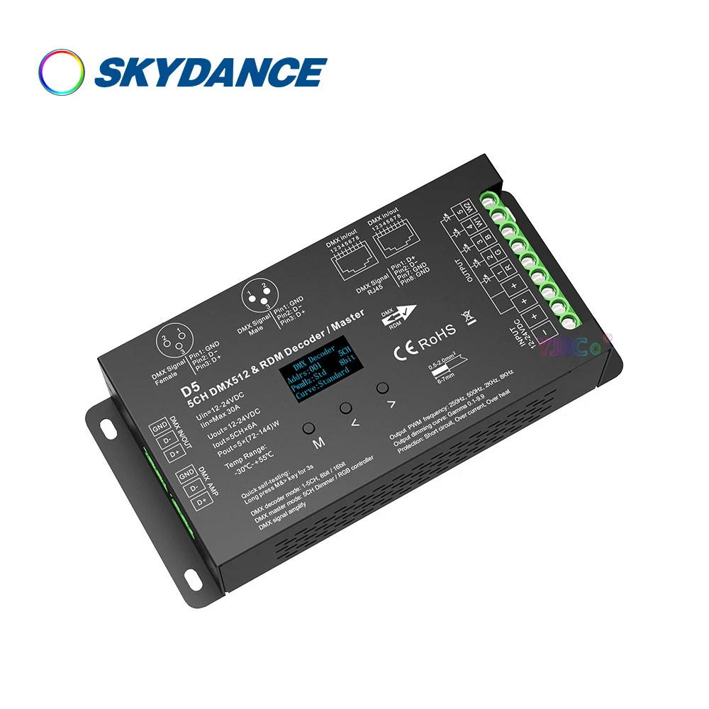 12V-24V Dc 6A * 5Ch Dmx 512 Controller Led Rbgwc Rdm Decoder Per Rgb + Cct Led Strip Tape Xlr3 Rj45 Display Oled 4- Pwm Rdm 8/16 Bit