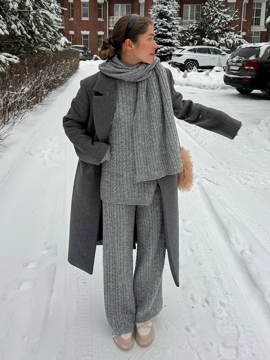 Bornladies  Autumn Winter Fashion Women's New Cable Knit Sweater Wide Leg Pants Set Soft Wool Blend Loose Fit High Neck Pullover