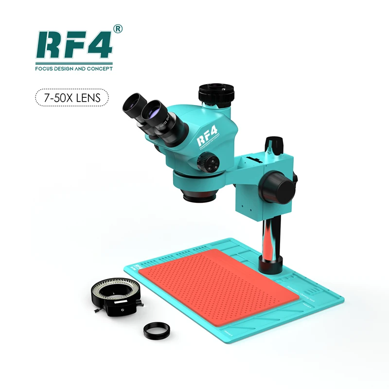 

RF4 RF7050-PO4 Stereo Trinocular Microscope 7-50X Continuous Zoom with PO4 Pad Electronic Phone Repair Microscope