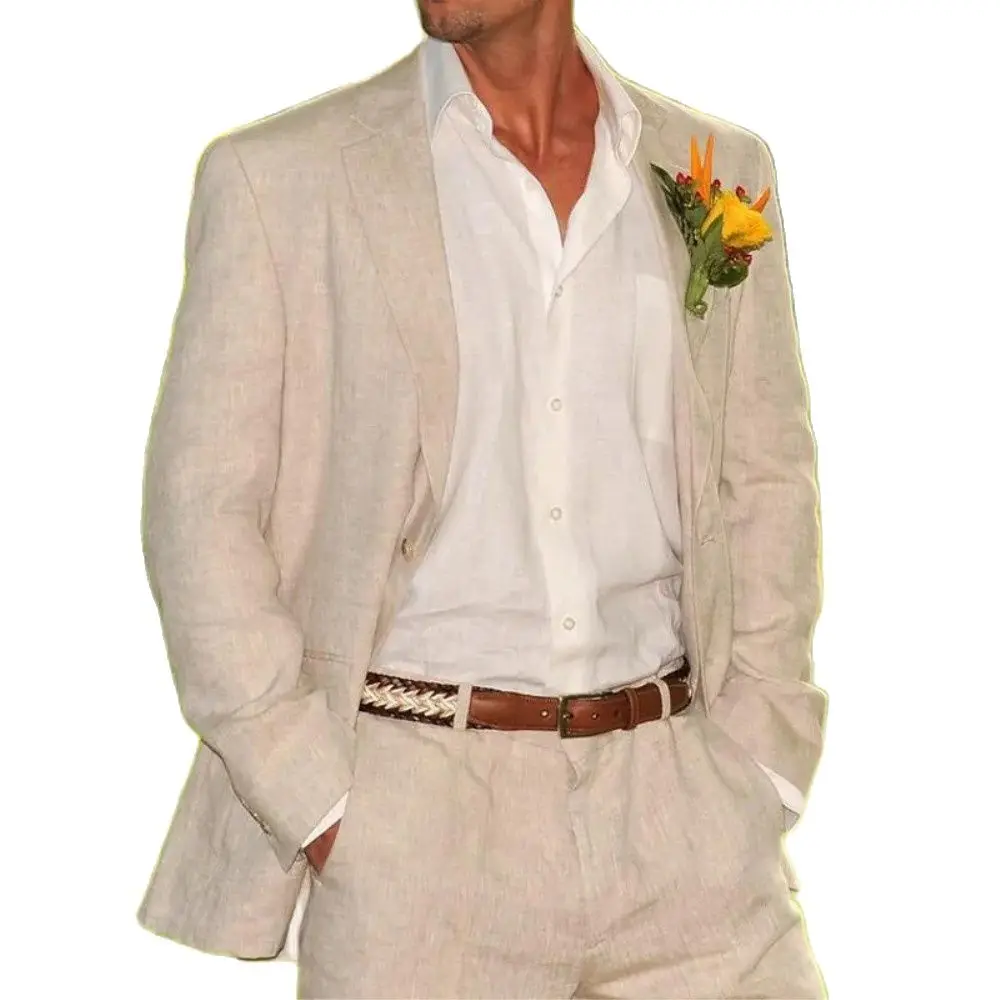 

Linen Men Suits Regular Fit 2 Pieces Wedding Groom Tuxedos Casual Male Clothing Summer Beach Daily Wear Blazer Set Jacket+Pant