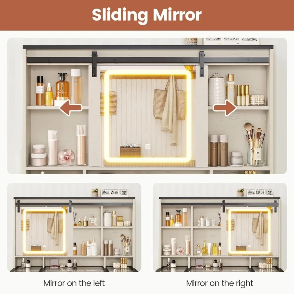 Vanity Desk with Sliding Mirror and Lights, Makeup with Glass Top & Charging Station with 5 Drawers & Shelves, Vanity Table 5