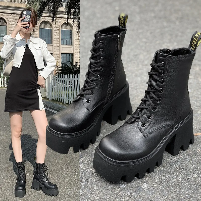 

Women Booties High Heel Large Size Square Head pu Leather Women Ankle Boots Platform British Style Autumn Winter Boots Women