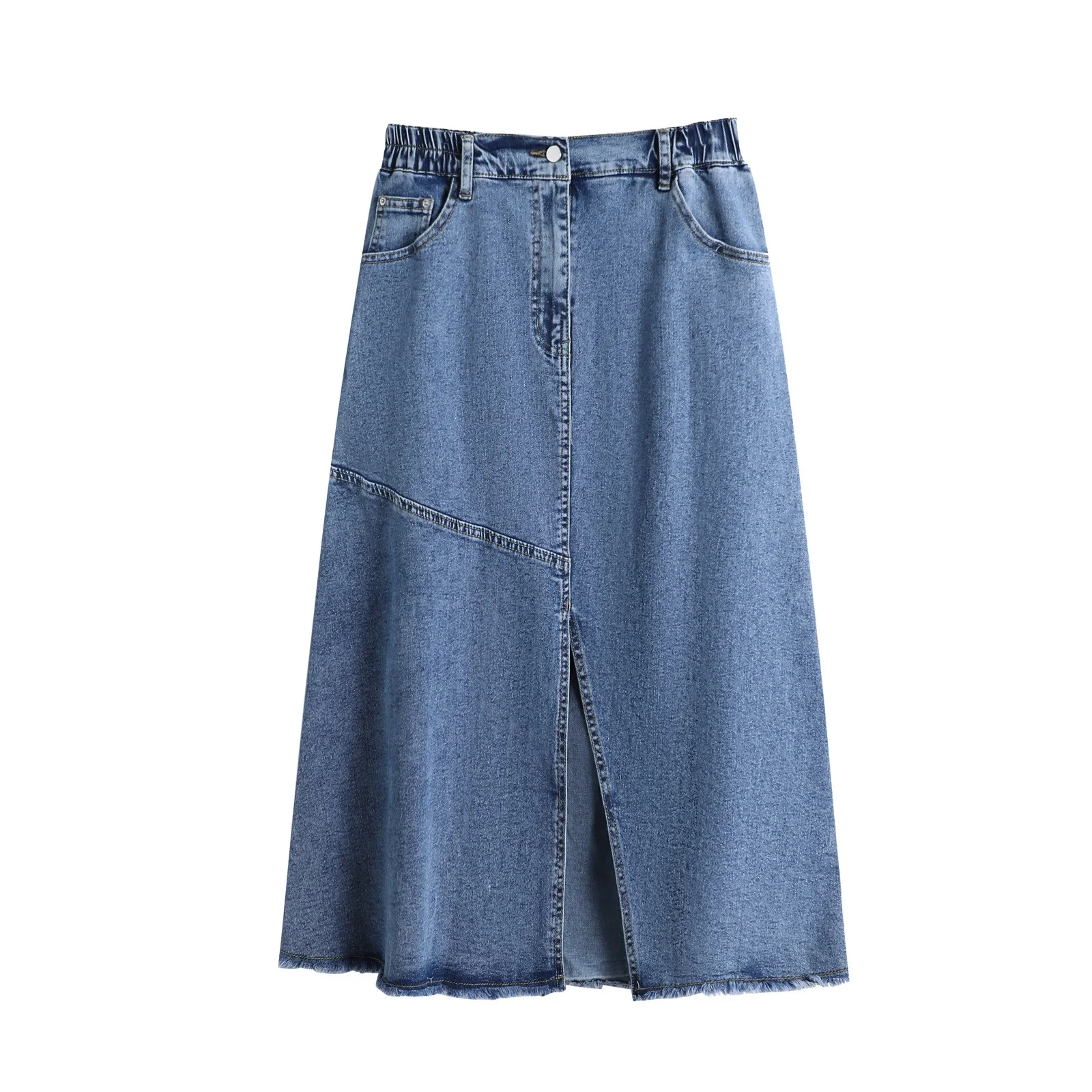 

Mid Length Vintage Denim Skirt Spring Women High Waist Skirt Straight Front Zipper Slit Solid Color Buttons A-Line Pencil Skirts