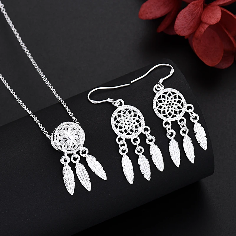 URMYLADY 925 Sterling Silver Charm Necklace Earring Jewelry for Women Retro Set Wedding Gift TRENDY jewelry set