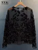 Women Fashion Elegant Hollow Out Lace Long Sleeve T-Shirt Fashion Tops Beading O-Neck Office Ladies Design Pullover T-Shirts