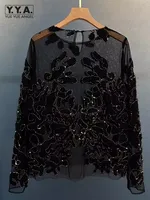 Women Fashion Elegant Hollow Out Lace Long Sleeve T-Shirt Fashion Tops Beading O-Neck Office Ladies Design Pullover T-Shirts