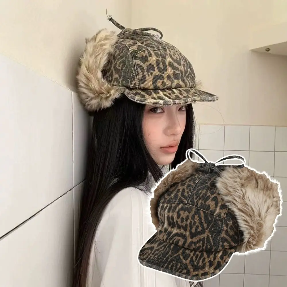 Warm Leopard Print Baseball Hat Corduroy Short Brim Peaked Cap Velvet Thickened Bomber Hats Women