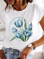 T-shirt graphique à manches courtes et col rond pour femmes, haut décontracté, t-shirts College, vêtements pour femmes, mode douce, fleur, années 90 3