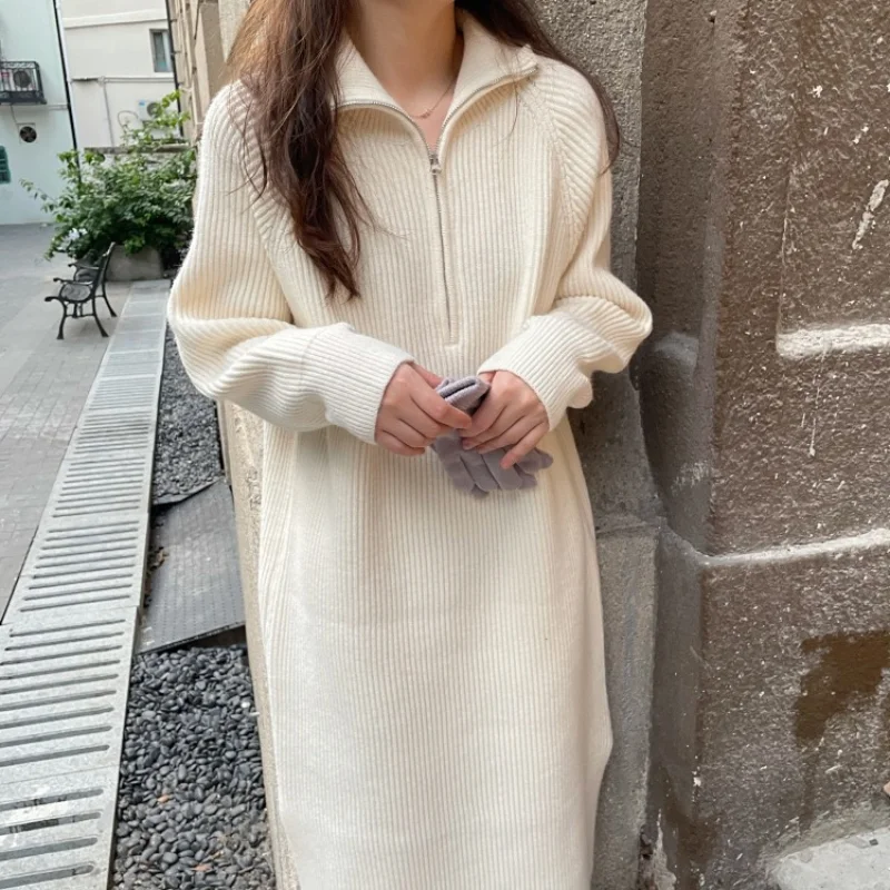 

Vintage Turtleneck Warm Long Sweaters Dresses for Women Fall Winter 2022 Zipper Up Knitted Oversized Midi White Vestido Mujer