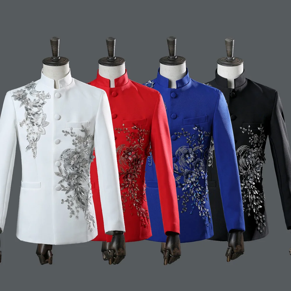 Chinese Tunic Men Mandarin Collar White Black Appliqued Blazer for Wedding Banquet Ceremony 6