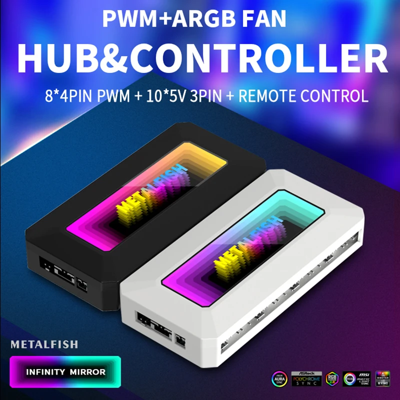 Metalfish-argb Fan Hub Splitter com Led Light Strip Controle Remoto Pwm para Refrigeração do Computador Sync Cpu Radiator 5v 3pin