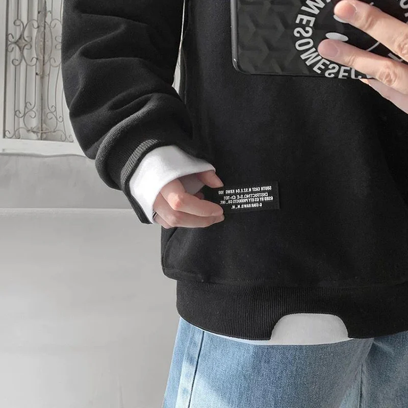 Fall Winter Casual Contrast Color Fleece Applique Student Loose Streetwear Sweatshirt Men Korean Long Sleeve Pullovers Tops 4XL