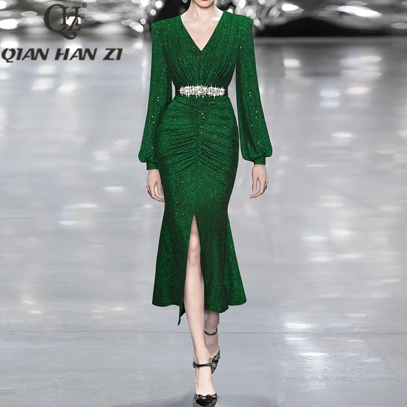 

QHZ Designer Fashion elegant party dresses for women V-neck 2023 Vintage lantern sleeves diamond belt Slim Trumpet/Mermaid dress