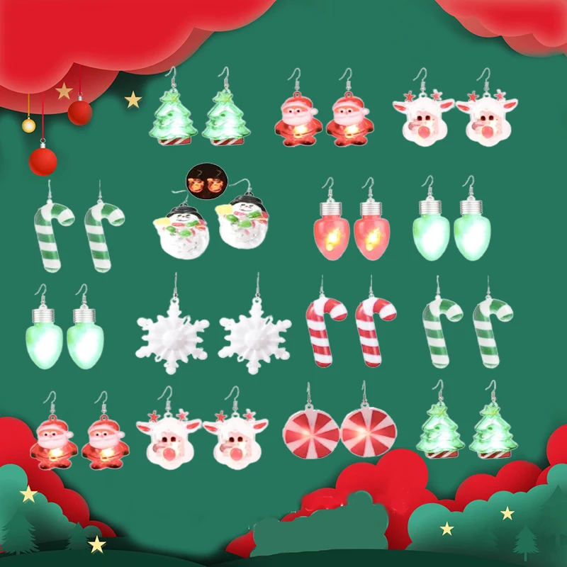 

LED Christmas Tree Acrylic Dangle Earrings for Women Santa Claus Snow Man Moose Head Party Jewelry pendientes mujer