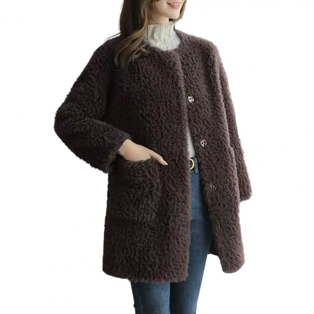 

Winter Coat Women Double-sided Thin Plush Thermal Solid Color Long Sleeve Windproof Round Neck Pockets Lady Jacket 여성가을의류 2023