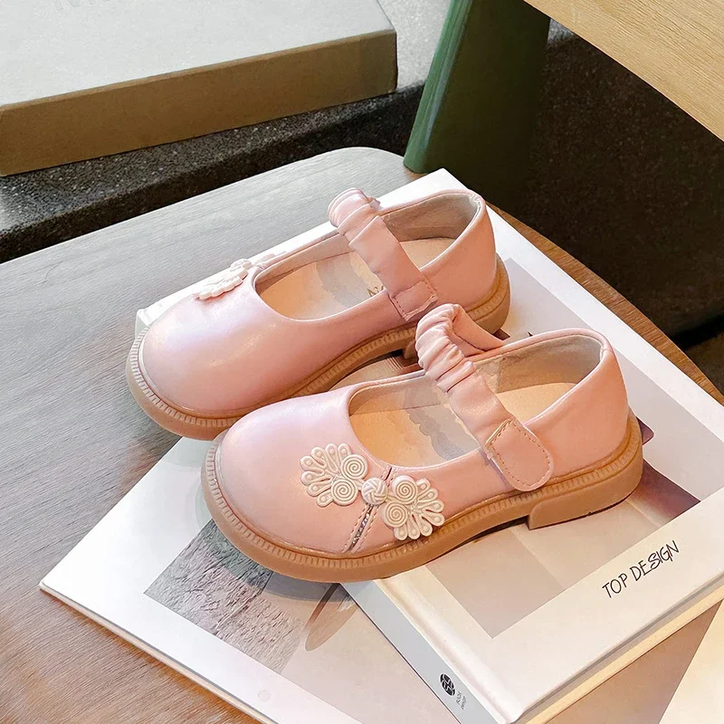 Beige Pink Leather Kids Flat Shoes for Wedding Party