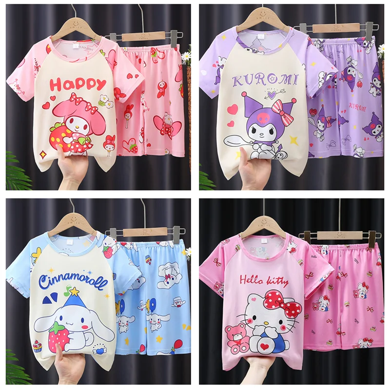 2023 Summer Kawaii Sanrios Kuromi Pajamas Set Cute Anime Cinnamoroll My Melody Children Sleepwear Boys Girls Home Clothes Gifts