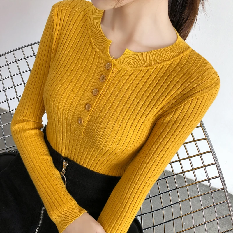 

Autumn Winter Pullovers Sweater New Round Neck Knitted Bottom Shirt Slim Fit Long Sleeve Casual Button Women Top