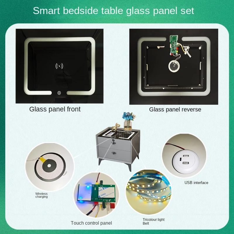 

Glass Panel Accessories Smart Bedside Table Touch Switch Wireless Charging Accessories USB Dual Color Light with Dual Speakers