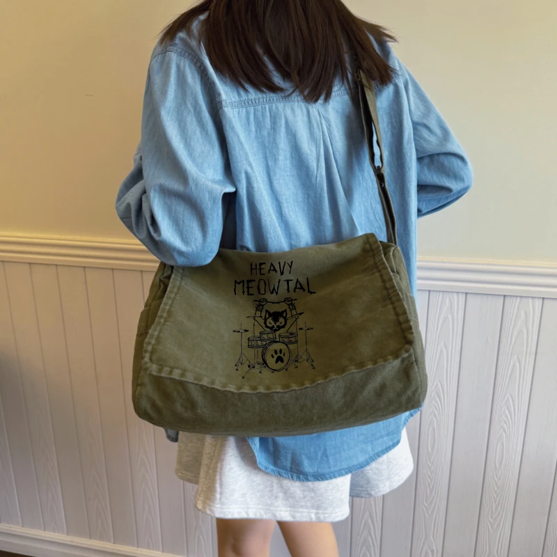 Retro Women's Shoulder Bag Quirky Cat Print Large Capacity Canvas Messenger Bag for Student Crossbody Bag