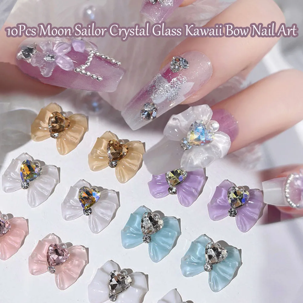 10 шт. Moon Сейлор Смола Хрустальный бант 3D Подвески для ногтей ледяной прозрачный белый розовый бант дизайн ногтей с сердцем алмазный бант части для ногтей