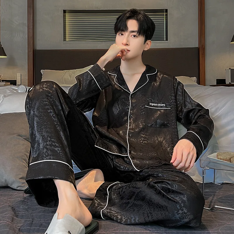 2024 New Spring Autumn Ice Silk Large Size Sleepwear Long Sleeved Thin Style Summer Men's Homewear Two-piece Set Loose Lapel