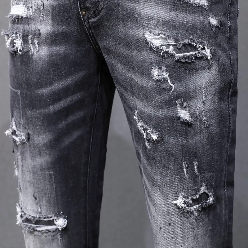 Designer Street Fashion Men's Jeans Retro Elastic Slim Fit Split Jeans Men's Black Grey Patch Hip Hop Brand Pants Hombre