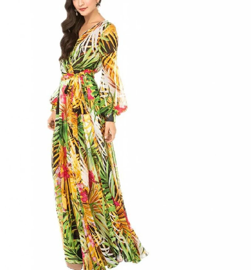 New Spring Summer Printed Muslim Dress For Women Lantern Long Sleeves V-Neck Female Clothing Fashion Casual Arab Islamic Dresses