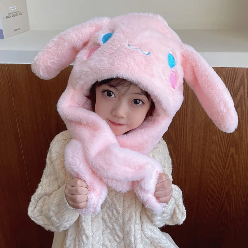 

Креативная шапка Sanrios Cinnamoroll для детей, зимний теплый плюшевый шарф для девочек, цельная ветрозащитная хлопковая шапка с капюшоном, подарок