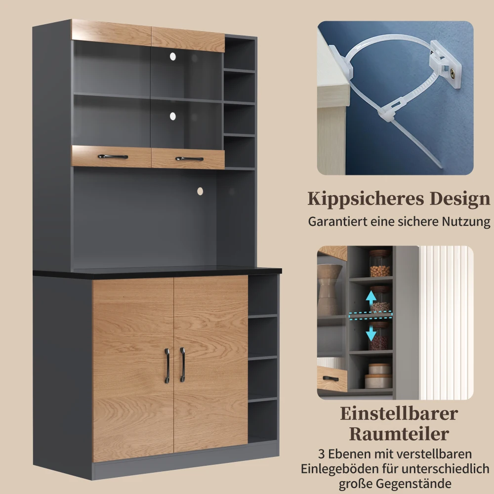 Küchenschrank, Buffet mit LED-Umgebungsbeleuchtung und Kabellöchern, Küchen-Highboard, höhenverstellbare seitliche Aufbewahrungsfächer – Detail 32