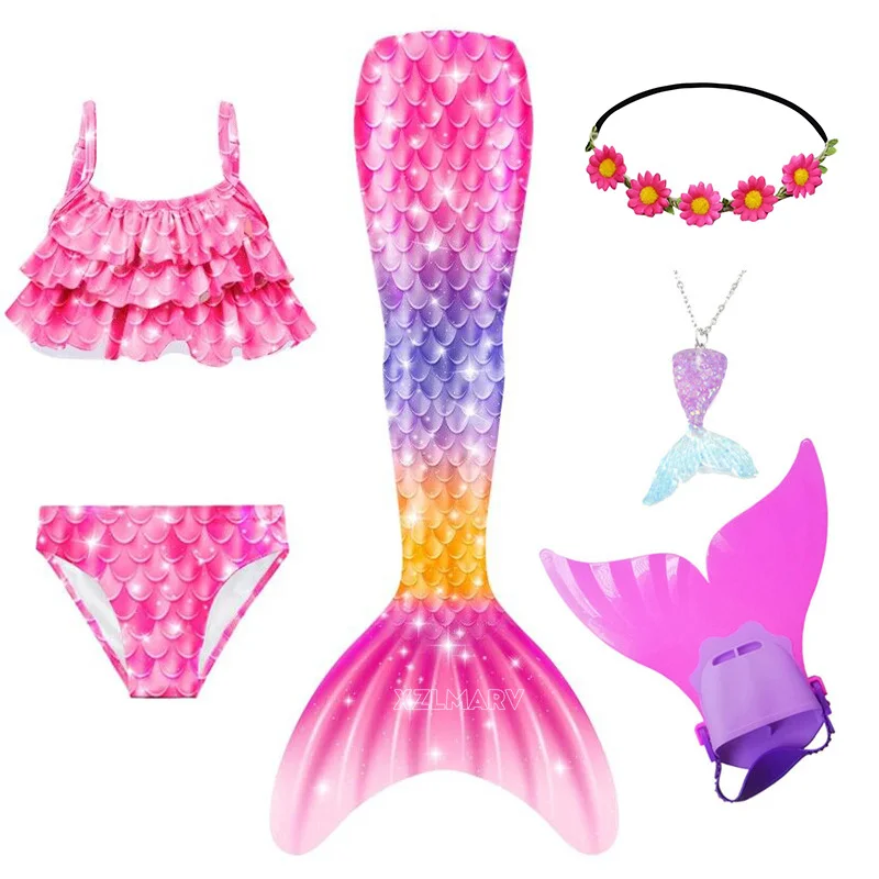 6Pcs/set Kids Girls Swimming Mermaid tail Monofin Fin Mermaid Costume Cosplay Children Christmas Gift Fantasy Swimsuit