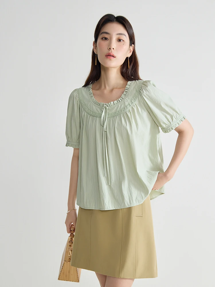 DUSHU 프렌치 스타일 프릴 그린 셔츠, 라운드넥, 독특한 디자인, 우아한 상의, 2024 여름 신상, 24DS82733