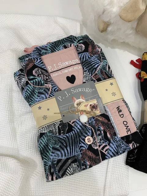 Women's Winter Pyjama Suit Print Long Sleeve Turn Down Collar Female Clothes 100% Cotton Single Breasted Sleepwear for Female