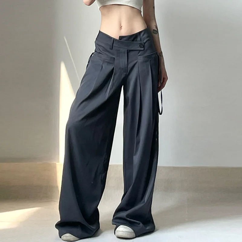 

PASSIONNÉ Women's Trousers Irregular Low Waist Pleated Wide Leg Pants Female Streetwear Fashion 2023 Autumn New
