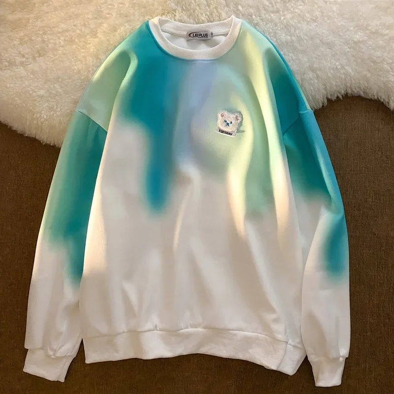 

Fashion Tops 2024 Autumn Long Sleeve Casual Teens Pullover Clothes Chic Tie Dye Sweatshirt Women Bear Embroidery Korean Jumper