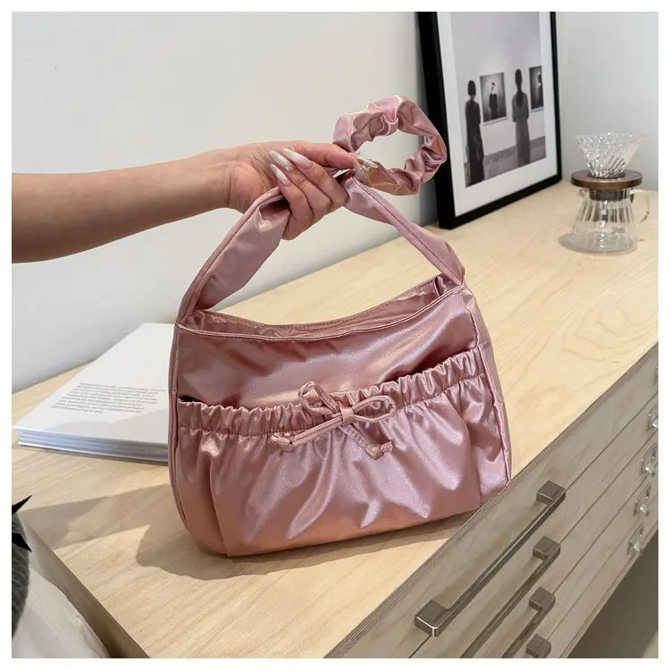 Sweet Satin Pleats Bow Design Shoulder Bags for Women 2024 Y2K Designer Korean Fashion Handbags and Purses Female Crossbody Bag