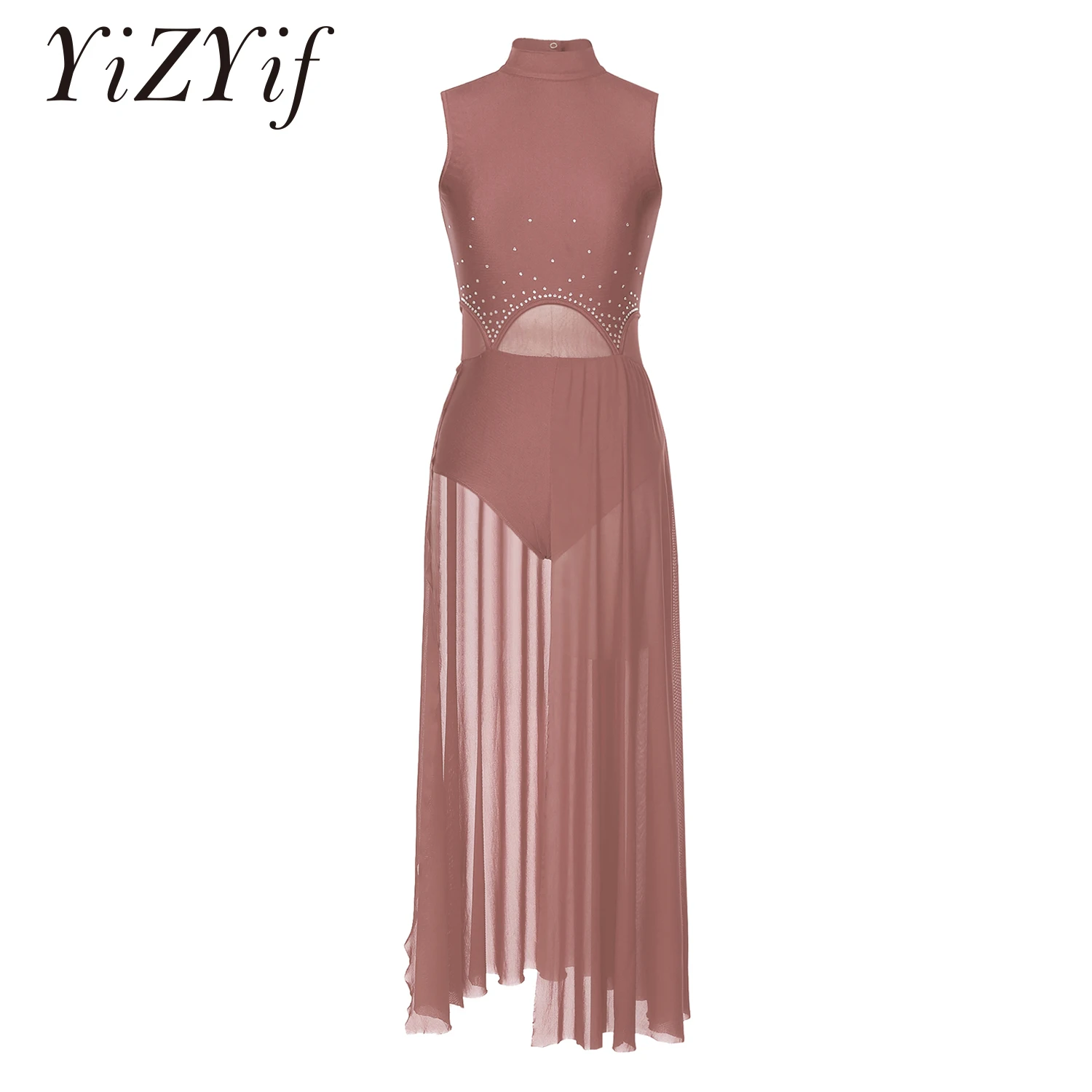 

Women Ballet Gymnastics Leotard Modern Lyrical Dance Dress Sleeveless Rhinestone Split Sheer Dresses Stage Performance Dancewear