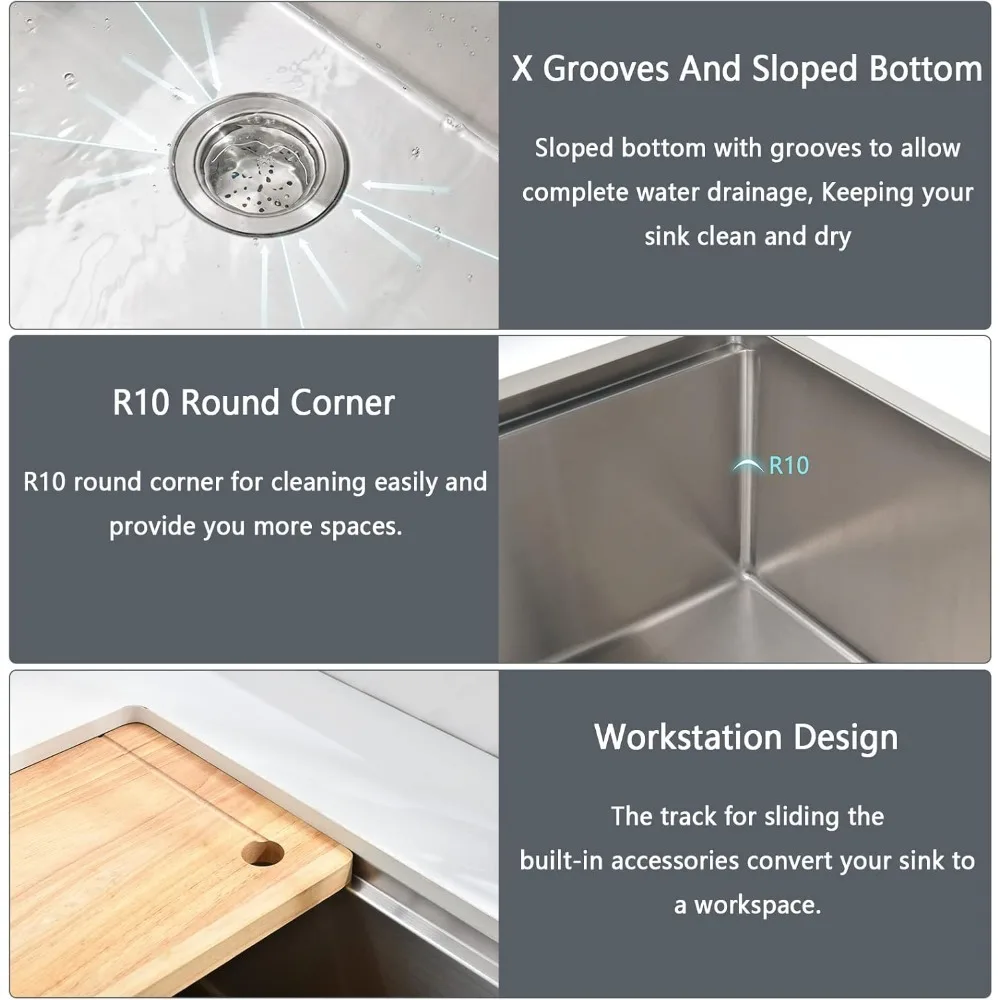 33 Inch Farmhouse Sink 16 Gauge Stainless Steel Workstation Ledge Deep Single Bowl Farm Sink with Accessories 6