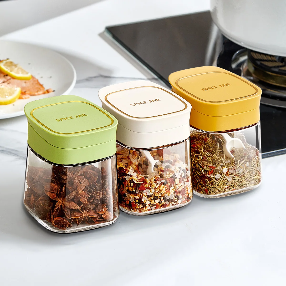Seasoning box, household kitchen, combination set, glass seasoning jar, salt and pepper jar, storage box seasoning bottle jar 2