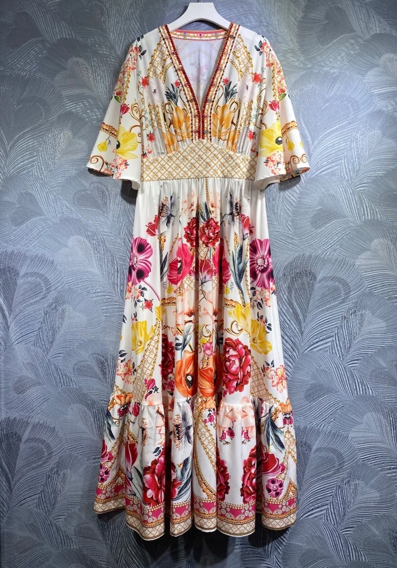 

Top Quality New 2023 Summer Long Dress Women V-Neck Exquisite Prints Beading Deco Flare Sleeve Casual Party Maxi Dress Vestidos