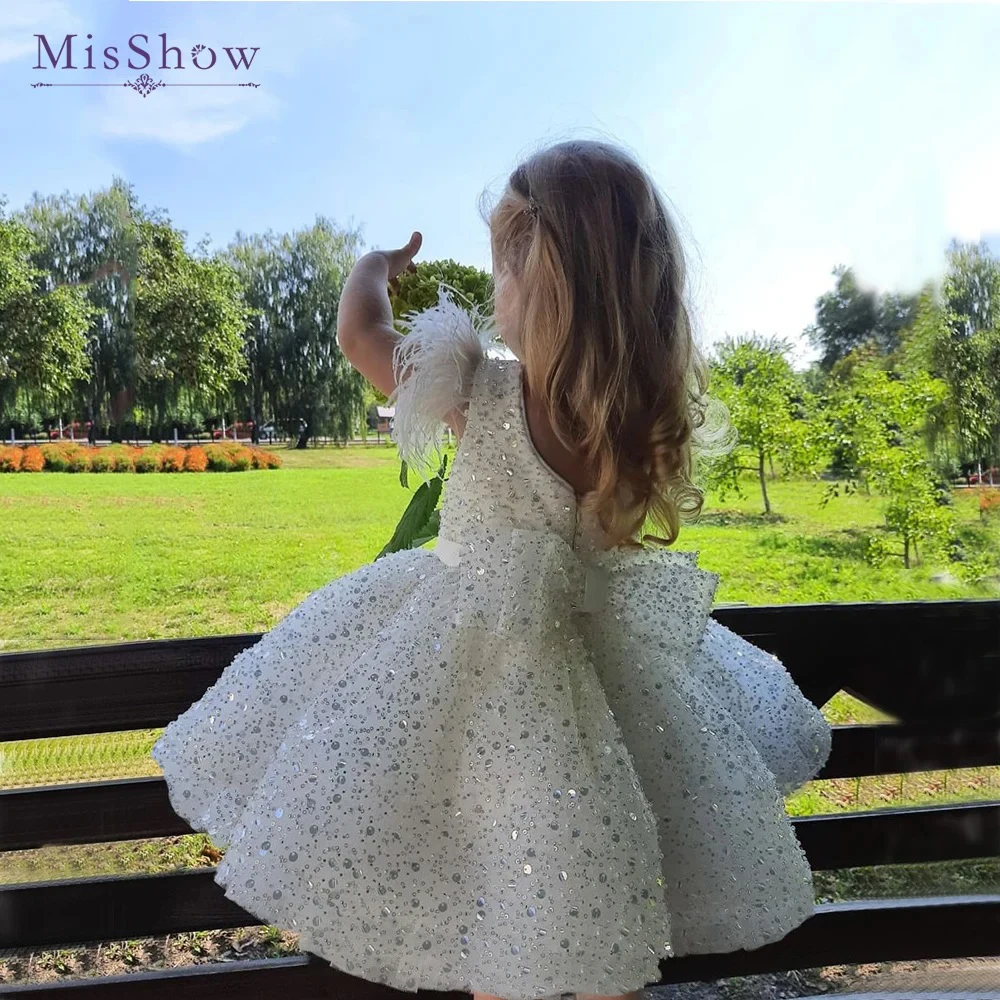 MisShow 2-14 Years Glitter Beads Flower Girl Dresses White Children's Feather Bow Wedding Party Princess Ball Gown Communion Kid