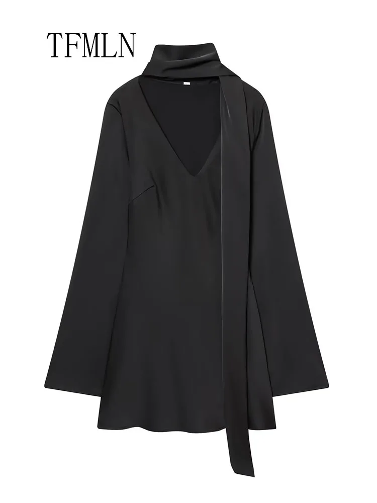 Elegant Women Causal Scarf Collar Dresses 2026 Spring Summer Long Sleeve Chic Date Night Mini Dress Retro Slim Party Dress