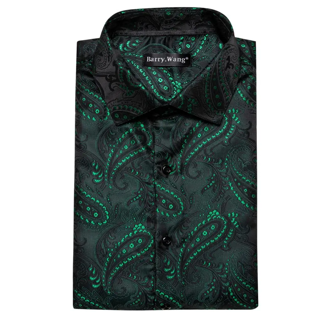 Designer Shirts for Men Silk Long Sleeve Green Black Paisley Embroidered Slim Fit Male Blouses Casual Breathable Tops Barry Wang