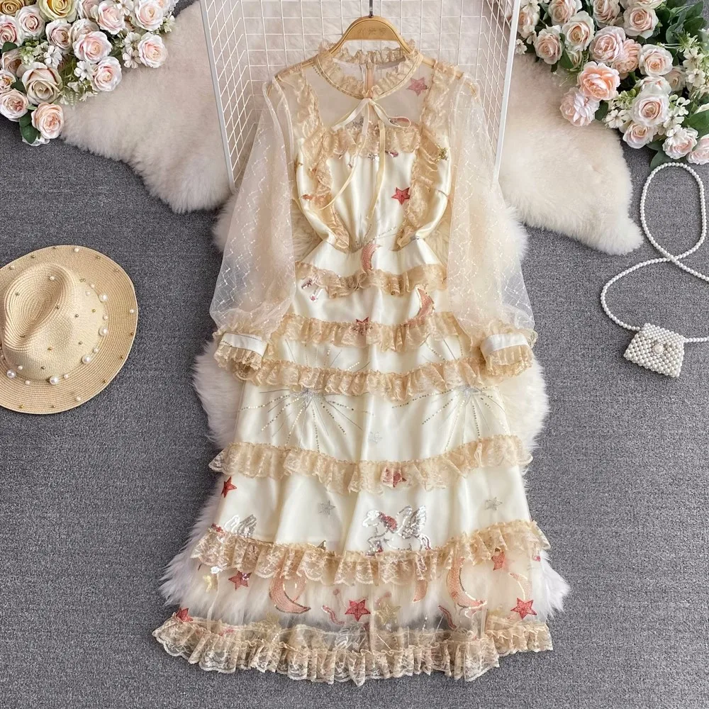 

High Quality Fashion Spring Summer Ruffles Cake Dress Luxury Women Mesh Lace Patchwork Sequined Embroidery Party Midi Vestidos