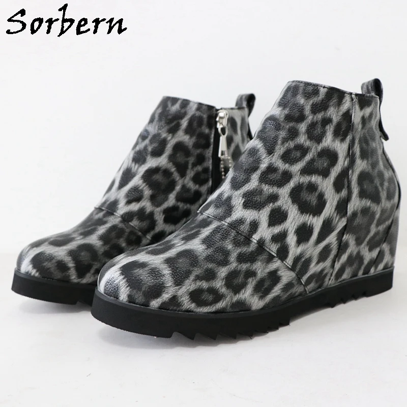 

Sorbern Grey Leopard Women's Wedge Boots Unisex Lockable Zipper Ankle Wedge Booties Rubber Sole Custom Multi Colors