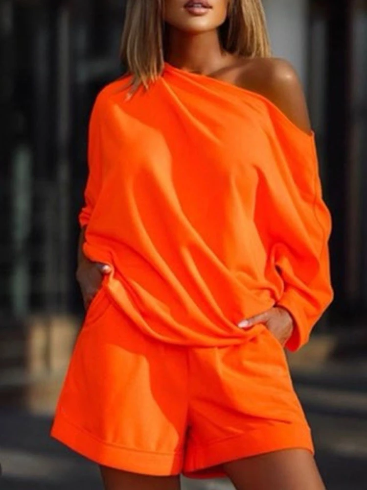 Casual Skew Collar Off Shoulder Fashion Sweatshirt Pants Sexy Loose 2 Piece Set 2022 Oversize T Shirts Shorts Suit Women Trendy