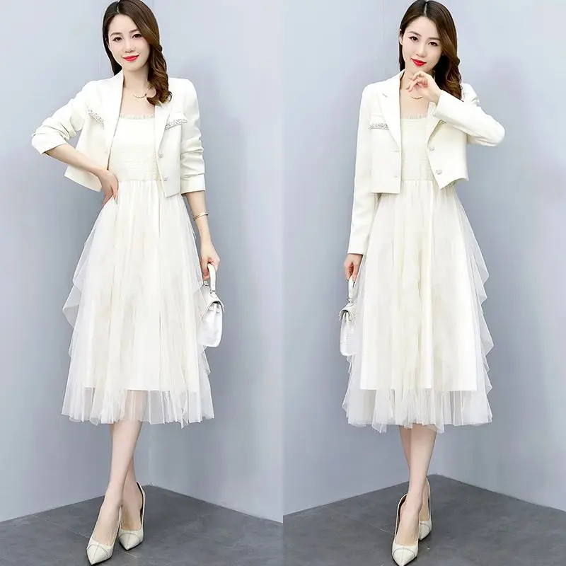 2023 Spring Autumn Women's Clothing 2 Piece Sets Female Short Blazer Coats + Sleeveless Long Loose Dress Ladies Outfits G360