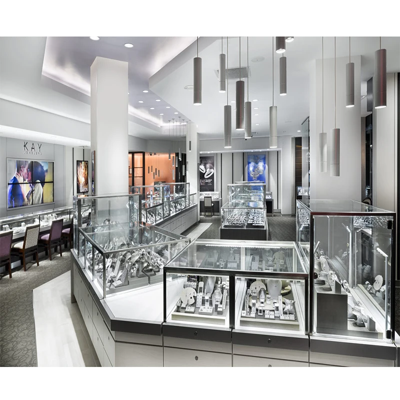 

Custom. Custom glass jewellery store display cabinet trendy stainless steel furniture LED lighting wooden lockable jewelry shop