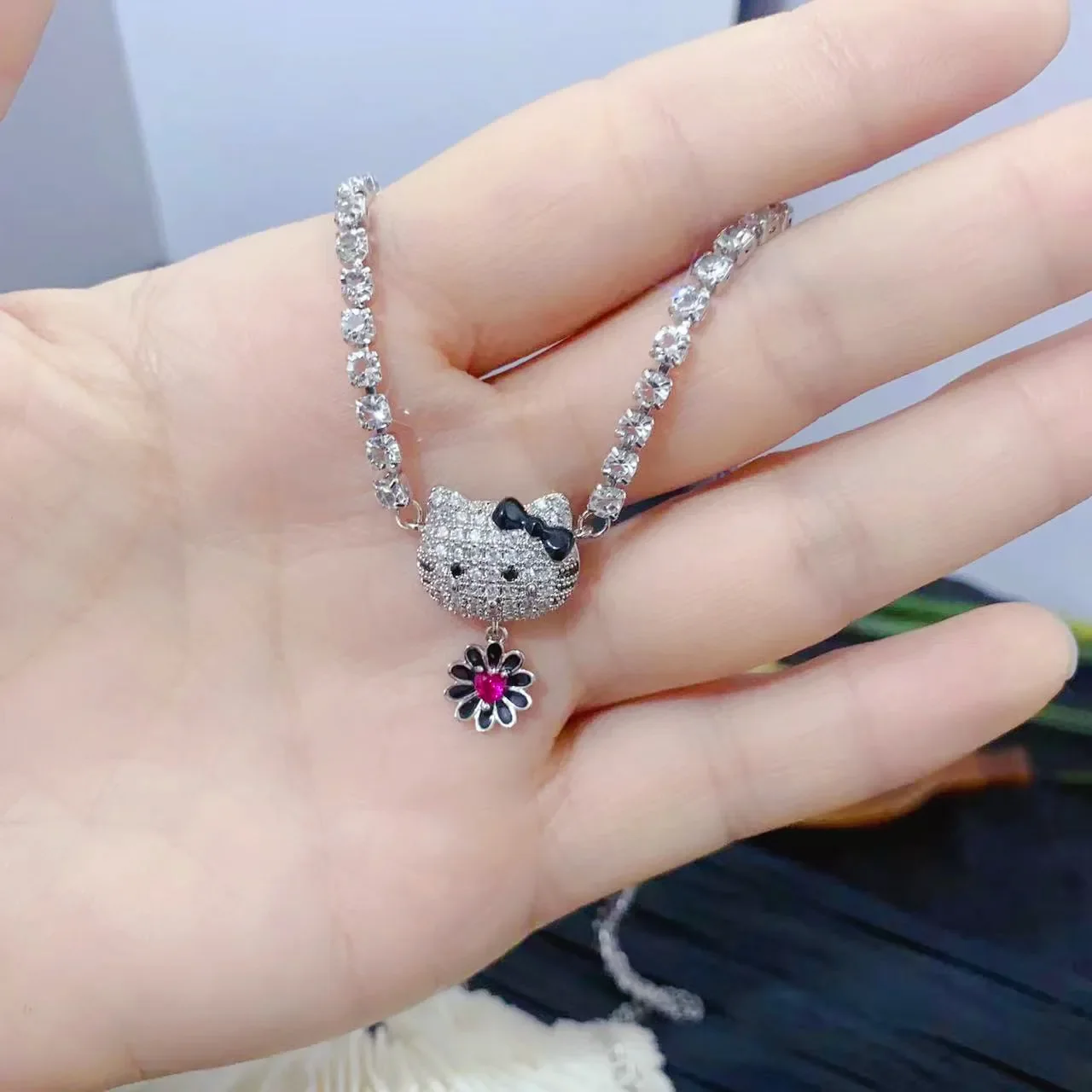 Kawai Hello Kitty Necklace Sanrio Sweet Full Diamond Hello Kitty Flower Necklace Fashion Couple Jewelry Girl Festival Gift