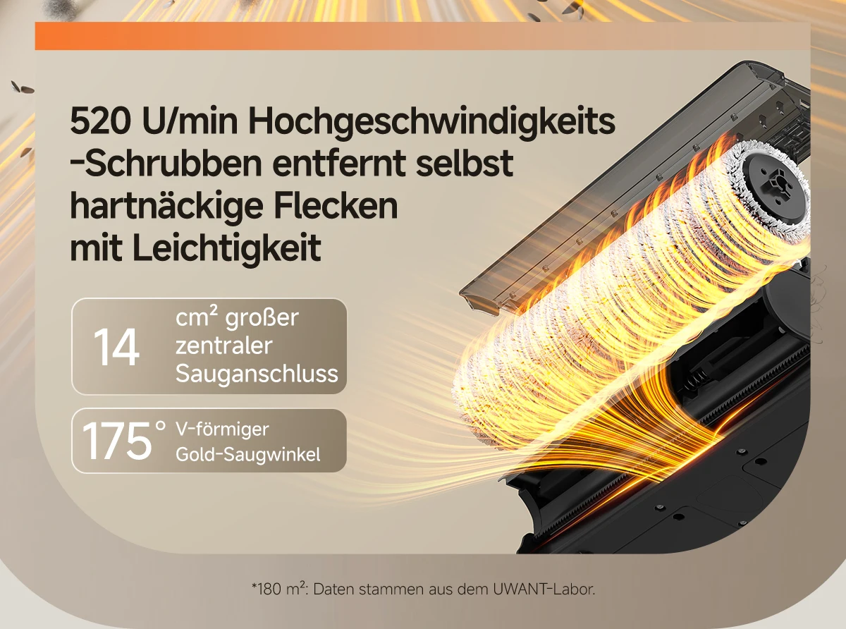 UWANT D500 Nass-Trocken-Staubsauger 17000Pa Saugkraft 180 ° Flachliegender kabelloser Wischmopp mit KI-Selbstreinigung 65 ° C Trocknung Dreiseitige Kante – Detail 11